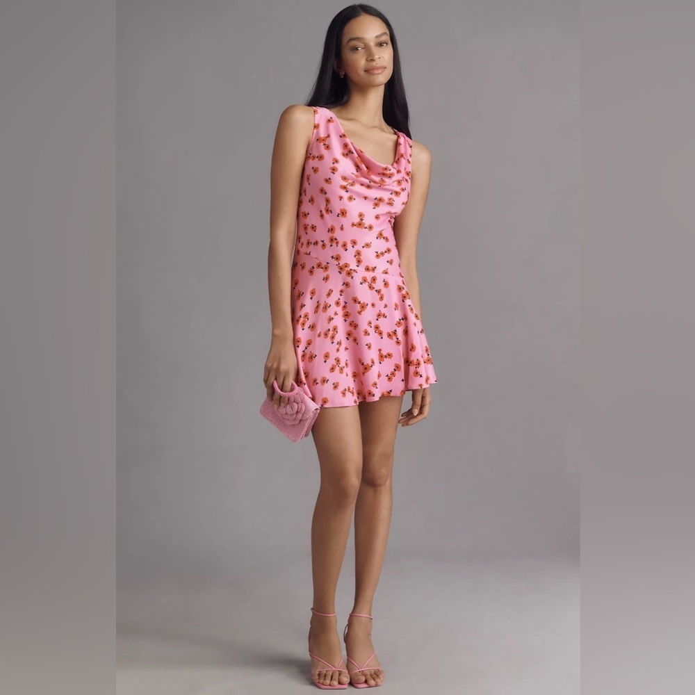 NEW! By Anthropologie Cowl-Neck Satin Mini Dress Pink Floral  🦉 - Picture 3 of 4